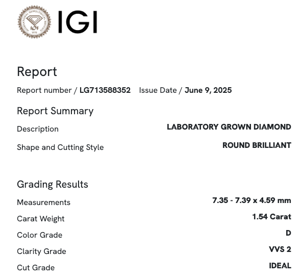1.54 Carat Round VVS2 Color-D Ideal-Cut Diamond (IGI#713588352)