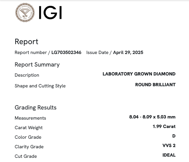 1.99 Carat Round VVS2 Color-D Ideal-Cut Diamond (IGI#703502346)