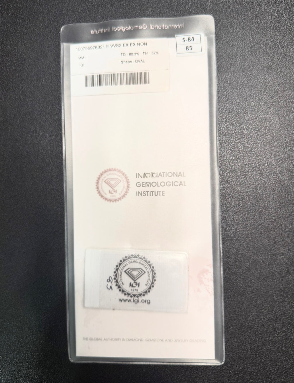 1.59 Carat Oval VVS2 Color-E Diamond (IGI#LG752562115)