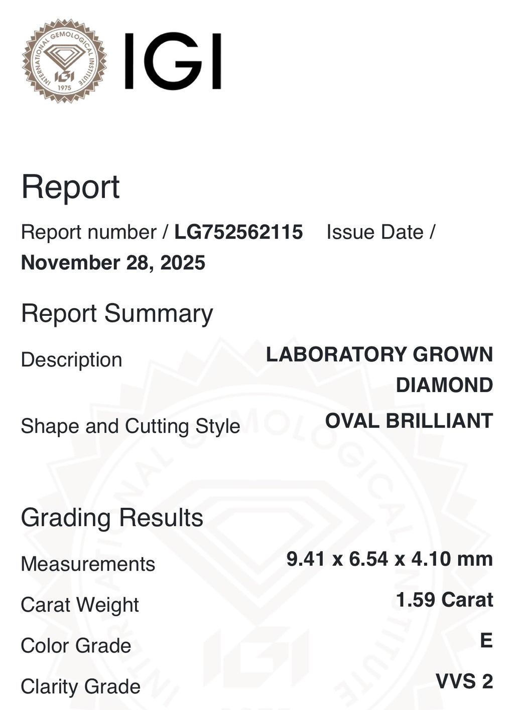 1.59 Carat Oval VVS2 Color-E Diamond (IGI#LG752562115)