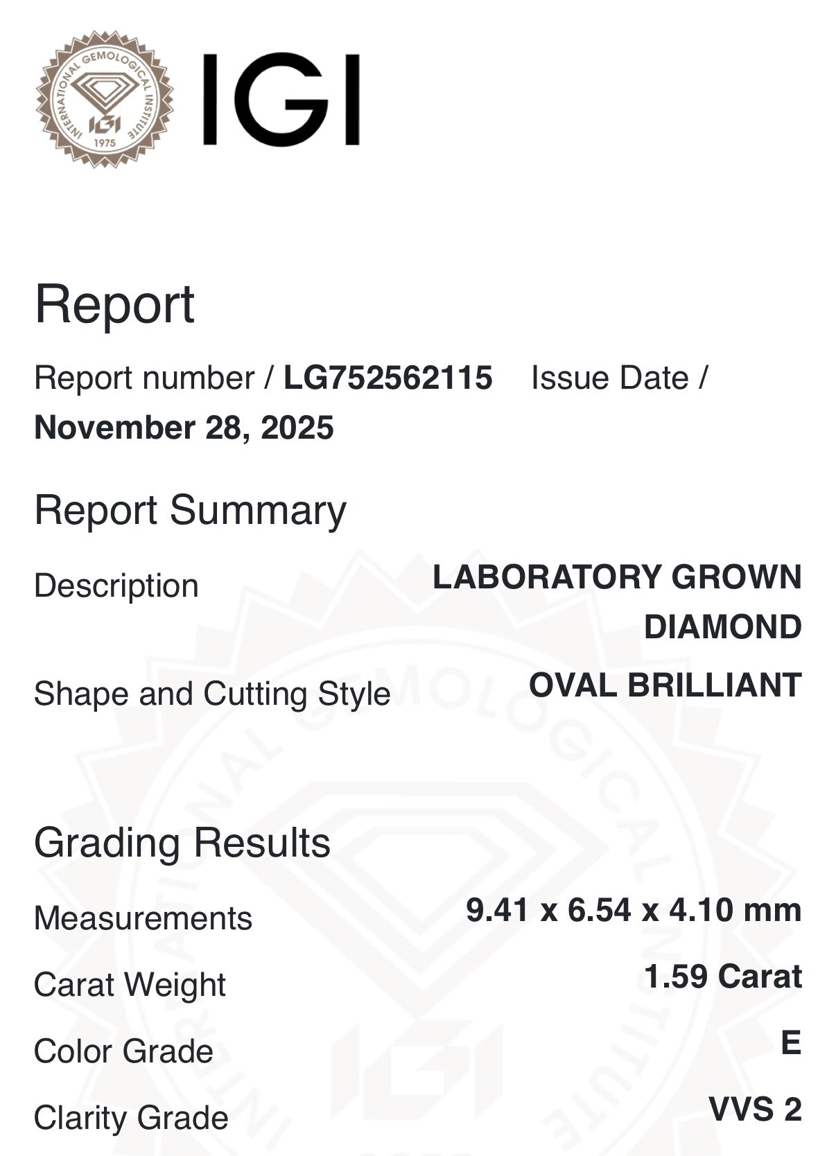 1.59 Carat Oval VVS2 Color-E Diamond (IGI#LG752562115)
