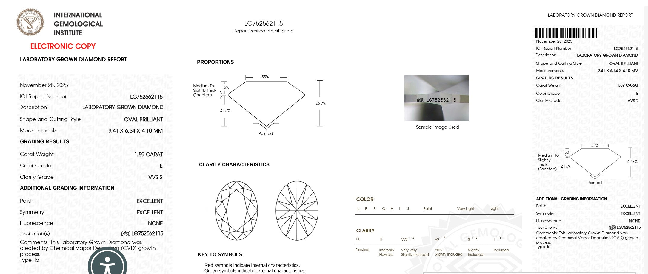 1.59 Carat Oval VVS2 Color-E Diamond (IGI#LG752562115)