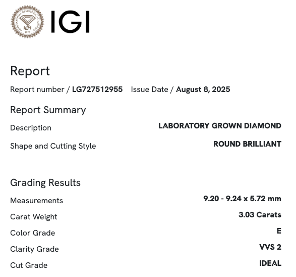3.08 Carat Round VVS2 Color-E Ideal-Cut Diamond (IGI#743564934)