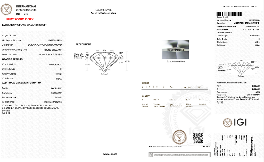 3.08 Carat Round VVS2 Color-E Ideal-Cut Diamond (IGI#743564934)