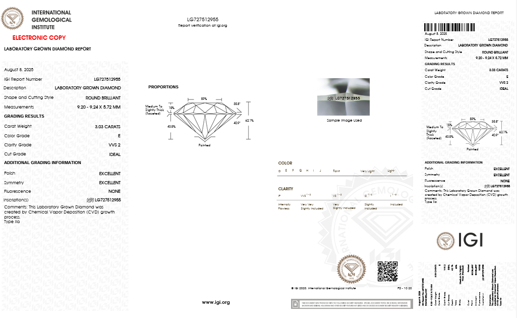 3.08 Carat Round VVS2 Color-E Ideal-Cut Diamond (IGI#743564934)