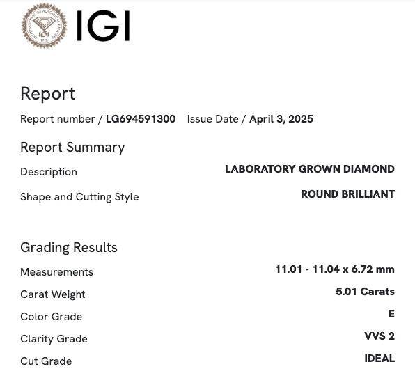 5.01 Carat Round VVS2 Color-E Ideal-Cut Diamond (IGI#694591300)