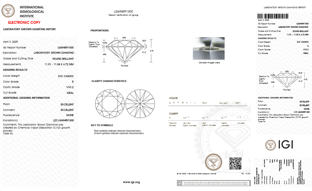 5.01 Carat Round VVS2 Color-E Ideal-Cut Diamond (IGI#694591300)