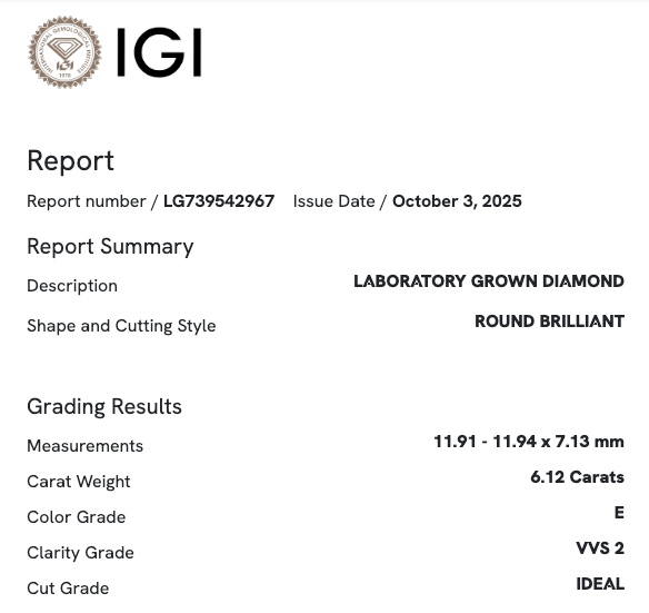 6.12 Carat Round VVS2 Color-E Ideal-Cut Diamond (IGI#739542967)