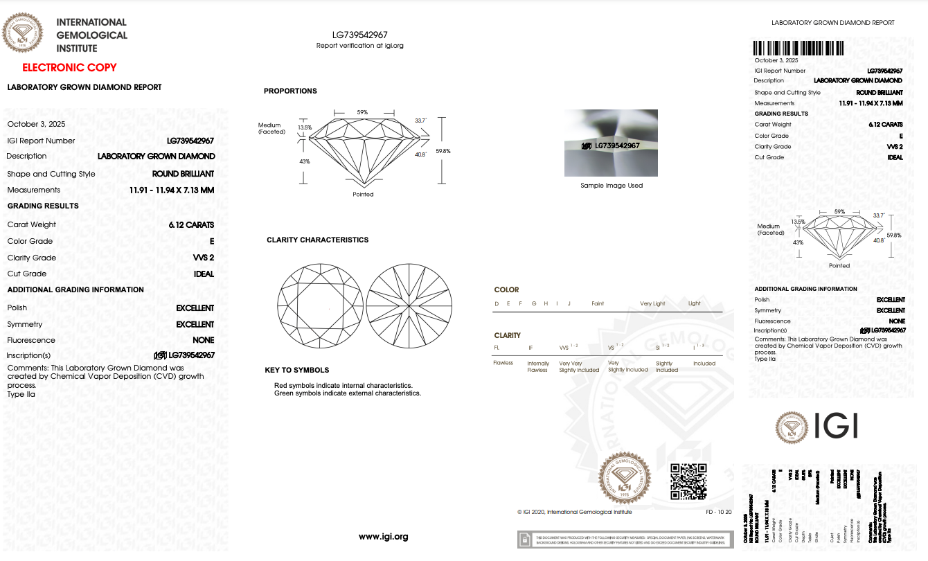 6.12 Carat Round VVS2 Color-E Ideal-Cut Diamond (IGI#739542967)