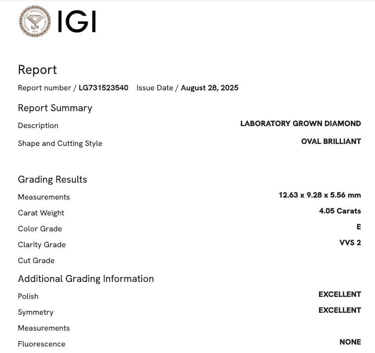 4.05 Carat Oval VVS2 Color-E Diamond (IGI#731523540)
