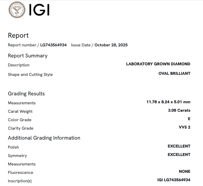 3.08 Carat Oval VVS2 Color-E Diamond (IGI#743564934)