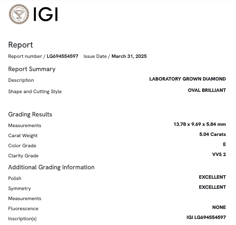 5.04 Carat Oval VVS2 Color-E Diamond (IGI#694554597)