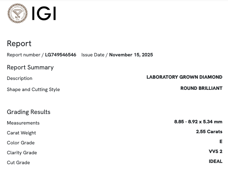 2.5 Carat Round VVS2 Color-E Ideal-Cut Diamond (IGI#749546546)