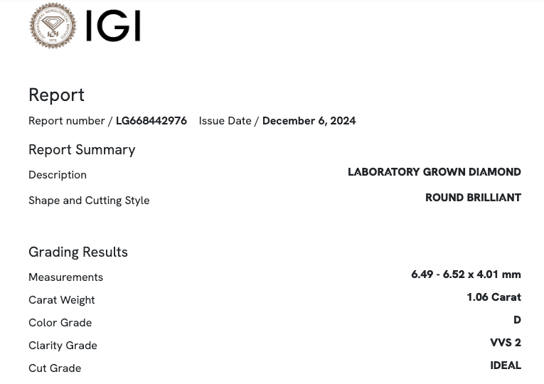1.06 Carat Round VVS2 Color-D Ideal-Cut Diamond (IGI#668442976)