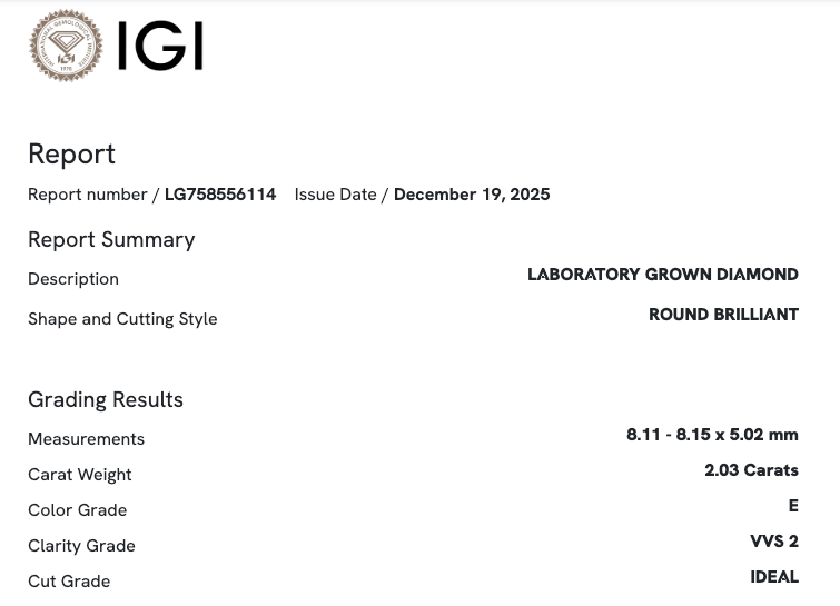 2.03 Carat Round VVS2 Color-E Ideal-Cut Diamond (IGI#758556114)