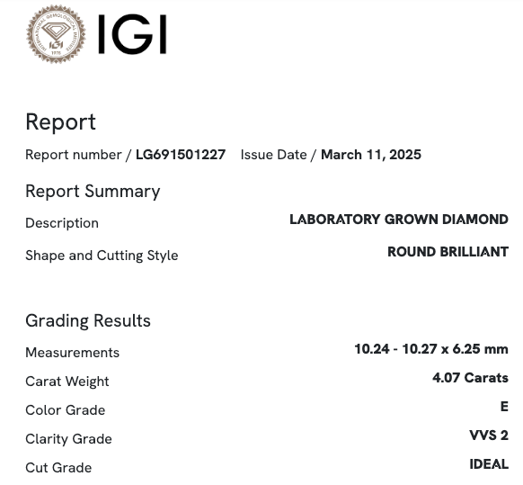 4.08 Carat Round VVS2 Color-E Ideal-Cut Diamond (IGI#691501227)